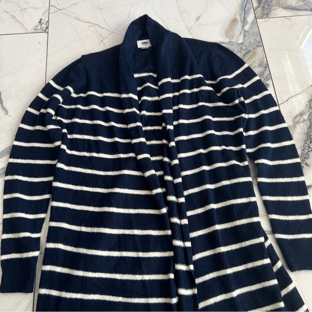 Old Navy Navy and White Striped Shawl-Collar Cardigan Small